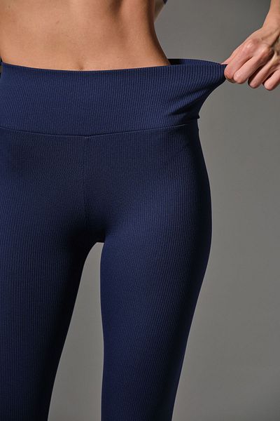 Domoda Leggings de damă tricotați cu talie înaltă, albastru de noapte, cu nervuri, cu talie interlock elastică @tivoli
