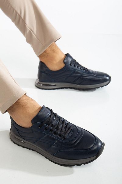 Dilimler Ayakkabı Genuine Leather Men's Casual Shoes Navy Blue Heel Metal Coated Flat Sole