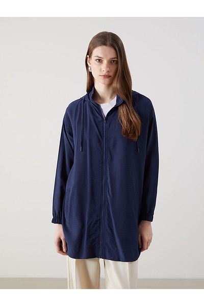 LC Waikiki Navy Blue Hooded Plain Oversize Women's Tunic
