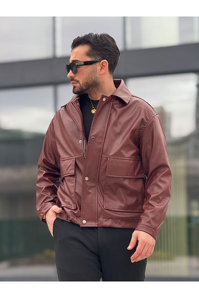 MİS MODA Men's Spring Leather Jacket with Pocket Details