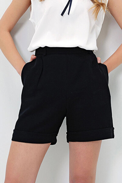 bacc Dámské černé letní plátěné tkané šortky se skrytým zipem se dvěma nohavicemi Bcır-251002