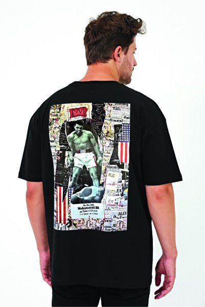 By Caspita Fashion Lenithra Muhammed Ali Sırt Baskılı Unisex Oversize Siyah T-shirt