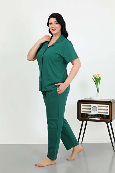 modaserdem Mdsrdm Women's Plus Size Cotton Pocketed Buttoned Emerald Green Pa...