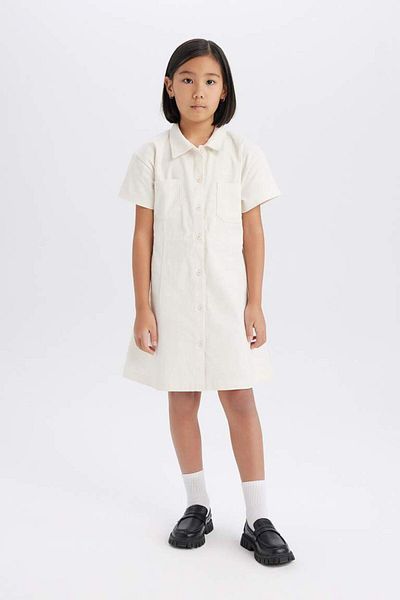 DeFacto New Season Girl's Gabardine Pocket Buttoned Short Sleeve Dress