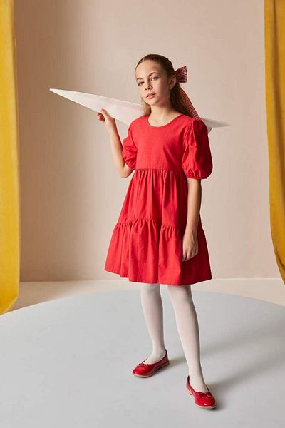 DeFacto New Season Girls' Crew Neck Cotton Short Sleeve Red Dress