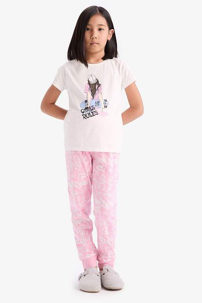 DeFacto Girl's Pajama Set Crew Neck Printed Short Sleeve Top Long Bottom