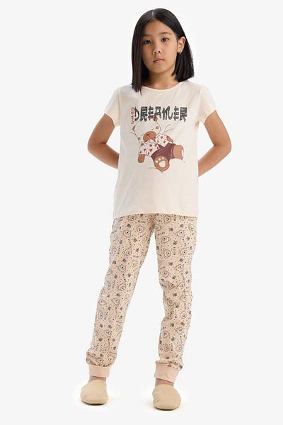 DeFacto New Season Girl's Pajama Set Printed Short Sleeve Top Patterned Bottom