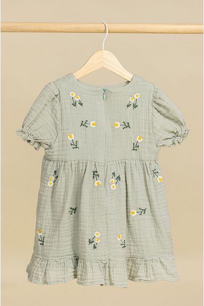 C Chimommy Daisy Embroidered Green Muslin Girl's Dress