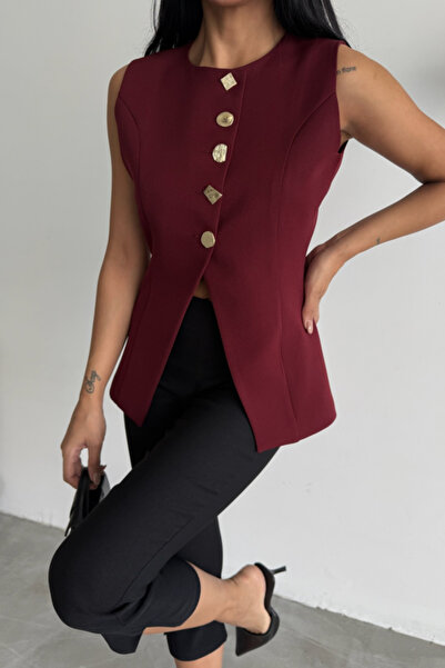 KOZMERA BUTİK Gold Button Detailed Vest - Burgundy