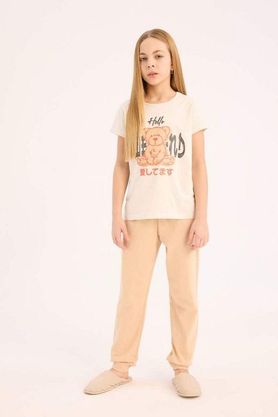 DeFacto New Season Girls' Pajamas Set Printed Short Sleeve Top Elastic Waist Long Bottom