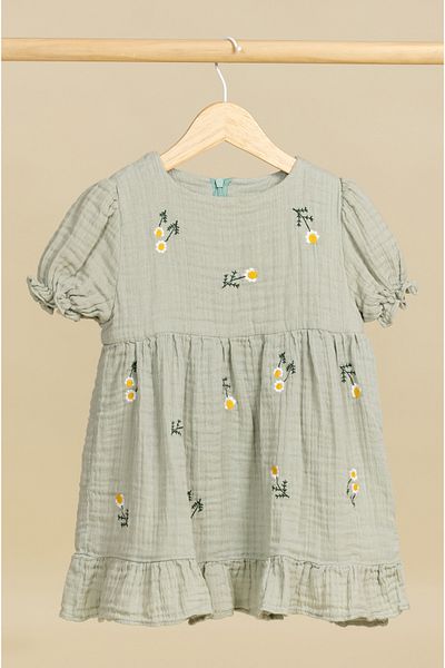 C Chimommy Daisy Embroidered Green Muslin Girl's Dress