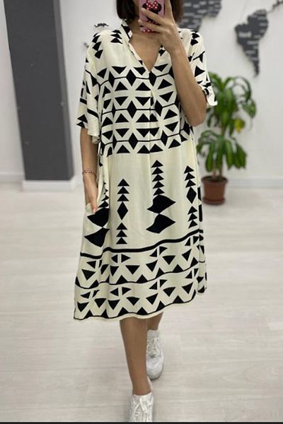 AYASOFYA OTANTIK Rochie midi cu mânecă scurtă, cu guler alb, cu imprimeu, buzunare laterale, cu mânecă scurtă