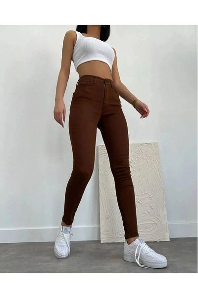 SANTA BELLA Дамски тесни дънки Duru Brown с висока талия и гъвкави крачоли