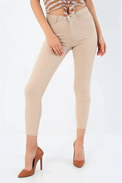 SANTA BELLA Latvian Beige Cream Super Skinny High Waist Jean Women's Gathering Denim Pants