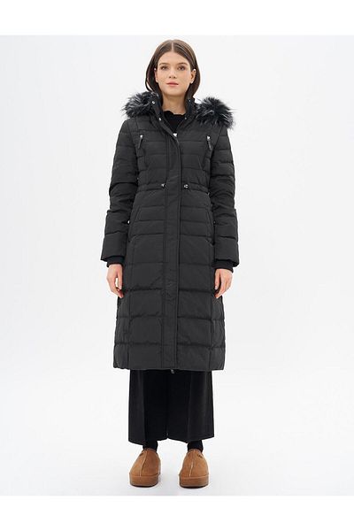 Kayra Goose Feather Padded Waist Drawstring Coat Black