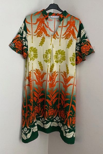 AYASOFYA OTANTIK Rochie midi cu mânecă scurtă, bej, portocaliu, verde, cu decolteu cu imprimeu, buzunare laterale