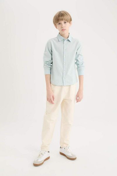 DeFacto New Season Boy's Polo Collar Linen Blended Long Sleeve Shirt