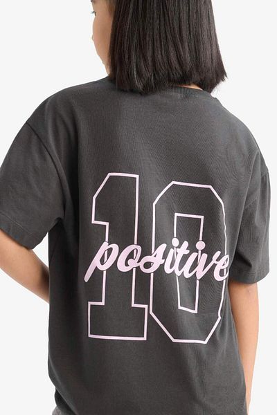 DeFacto New Season Girl's Oversize Wide Fit Crew Neck Back Printed Short Sleeve T-Shirt