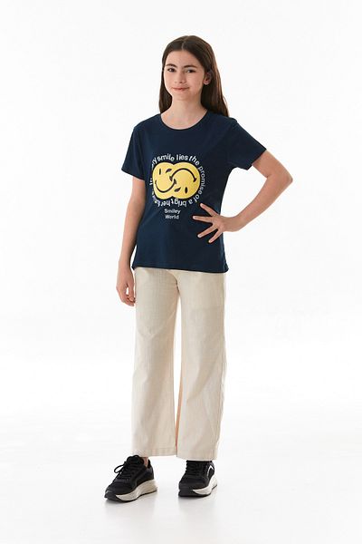 Fulla Moda 100% Cotton Smiley Face and Slogan Printed Girls' T-Shirt