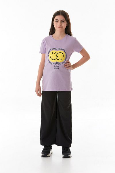 Fulla Moda 100% Cotton Smiley Face and Slogan Printed Girls' T-Shirt