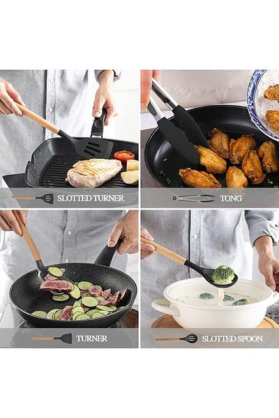 COOYA 13-Piece Silicone Wooden Cutlery Set, With Handles, 10 Hooks, Cooking Utensil for 6 People