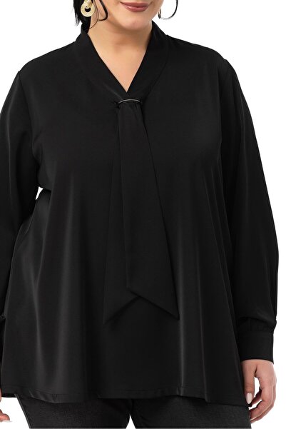 DISENTIS MODEST Large Size Tie Collar D Buckle Detailed Black Blouse