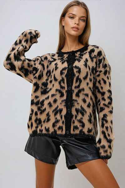VAGGON Γυναικεία πλεκτά Leopard Neck Leopard Print Ζακέτα Prmx13025