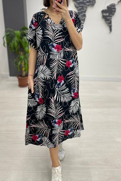 AYASOFYA OTANTIK Rochie midi de damă, neagră, cu decolteu în V, cu buzunare laterale, cu mânecă scurtă, cu croiala relaxată