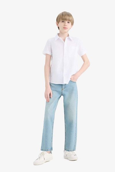 DeFacto New Season Boy's Polo Neck Linen Look Basic Plain Short Sleeve Shirt