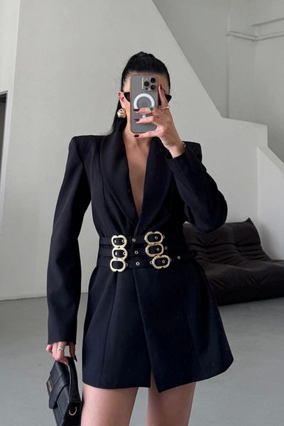 Butik One Button Jacket with 3 Buckles Belt Decorated - Black