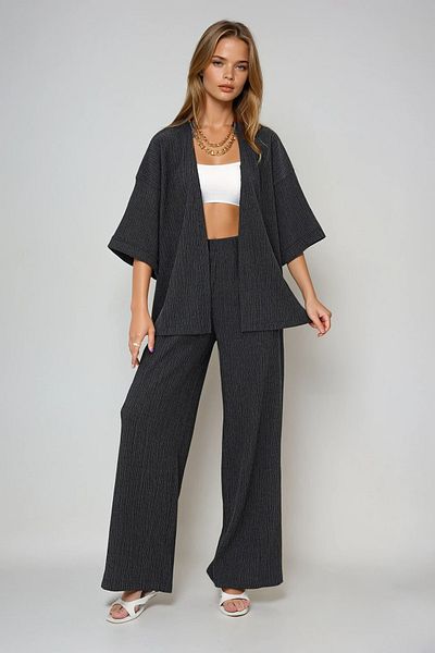 VAGGON Women's Anthracite Double Sleeve Wrap Kimono and Trouser Set Prmx13466
