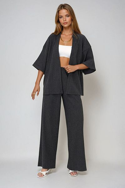 VAGGON Women's Anthracite Double Sleeve Wrap Kimono and Trouser Set Prmx13466