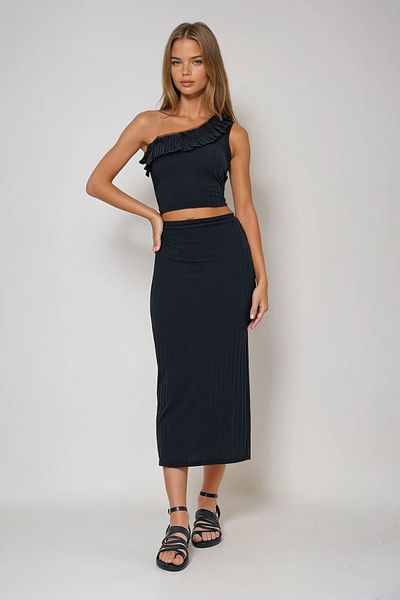 VAGGON Women's Black One Shoulder Blouse & Skirt Set - Strappy Ruffle and Slit