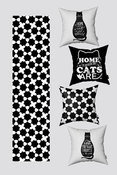 EsnafAli Σετ με 4 κάλυμμα μαξιλαριού και δρομέα με ασπρόμαυρη γάτα