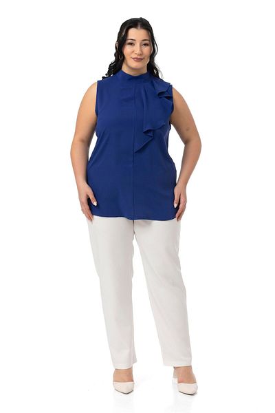 DISENTIS MODEST Large Size Half Standing Collar Asymmetrical Flounces Sleeveless Saks Blue Blouse