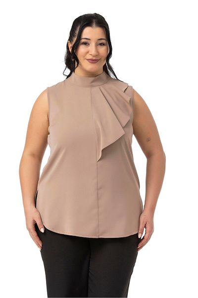 DISENTIS MODEST Plus Size Half Stand Collar Asymmetric Flounces Sleeveless Mink Blouse