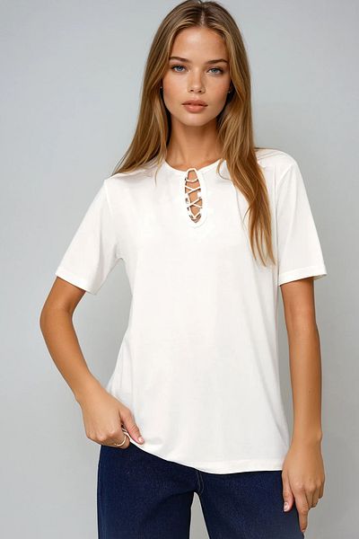 VAGGON Women's Ecru Crew Neck Ring Detailed Short Sleeve Basic T-Shirt Prmx13529