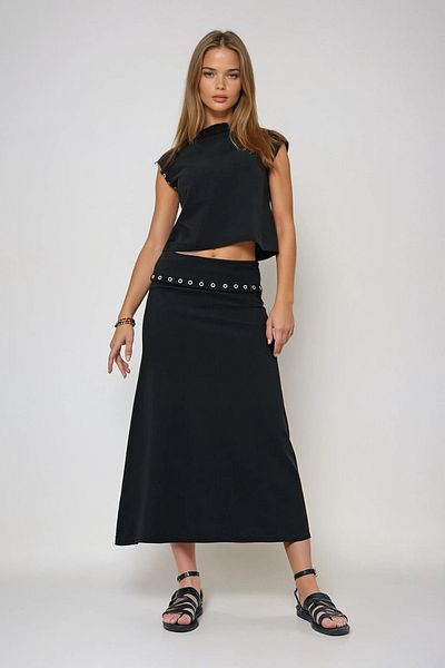 VAGGON Women's Black Ring Stand Collar Blouse and Skirt Set Prmx13482