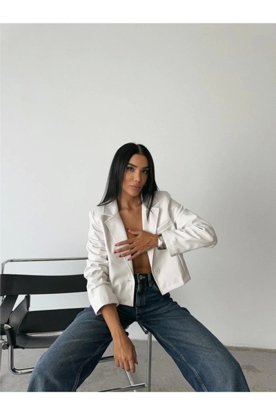 Genel Markalar DERİ CROP CEKET TEK DÜĞME - Beyaz