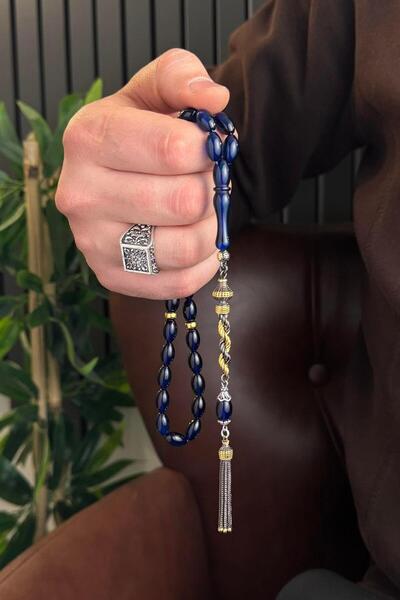 dergah tesbih Mavi Bitki Pigmentli Damla Kehribar Basic Model Gümüş Burma Tasarım Tesbih(Amber), (مسبحة قطرة كهري