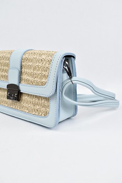 birizmoda Kadın Deri Hasır Görünümlü Tokalı El ve Omuz Çantası - Mavi