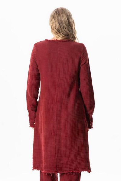 Eliş Şile Bezi Long Sleeve Sprout Tunic, V-Neck Autumn-Winter Asymmetrical Embroidery Burgundy Brd