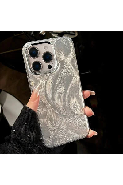 EDELFU For iPhone 16 Pro (2024) Silver Color Feather Patterned Sides Silicone Phone Case