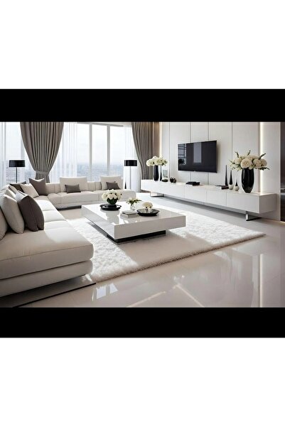 LUXURY VİLLA Luxury Villa Komple Beyaz Camlı Altı Siyah Camlı Orta Sehpa 70x110 Yükseklik 30cm