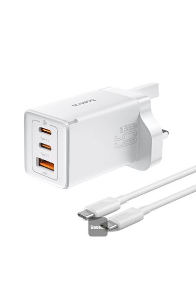 Baseus شاحن سريع GaN5 Pro بمنفذين Type C + USB - 65 واط - أبيض - كابل Type-C - 100 واط - 1 متر - أبيض
