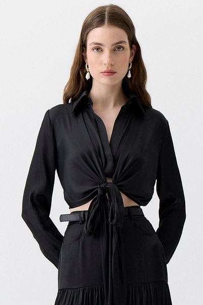 rue. Tie-Up Long Sleeve Black Blouse