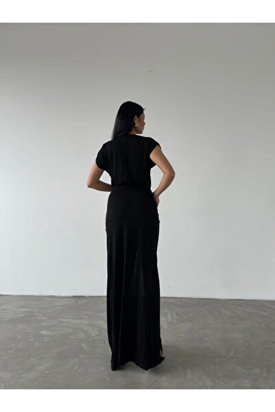 Modafeminen Bel Büzgülü Yırtmaçlı Uzun Sandy Elbise 582885 Siyah