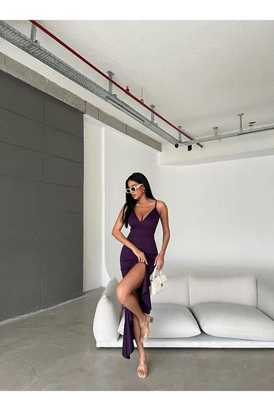 Modafeminen Βραδινό φόρεμα με λεπτό λουράκι με ασύμμετρο βολάν Scuba ύφασμα 581708 Μωβ