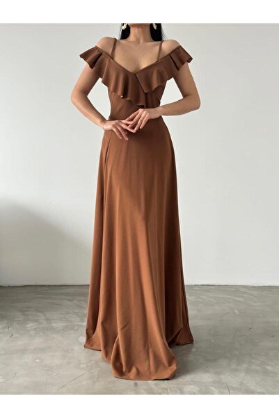 Modafeminen Βραδινό φόρεμα με λουράκια, βολάν στους ώμους και σκίσιμο στο κάτω μέρος 582190 Καφέ