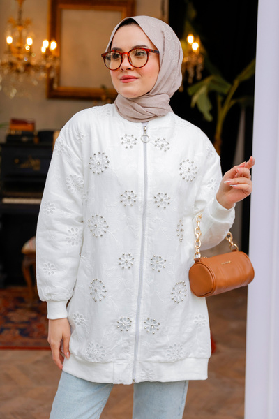 LOCCO Жіночий кардиган з вишивкою з каменів, білий